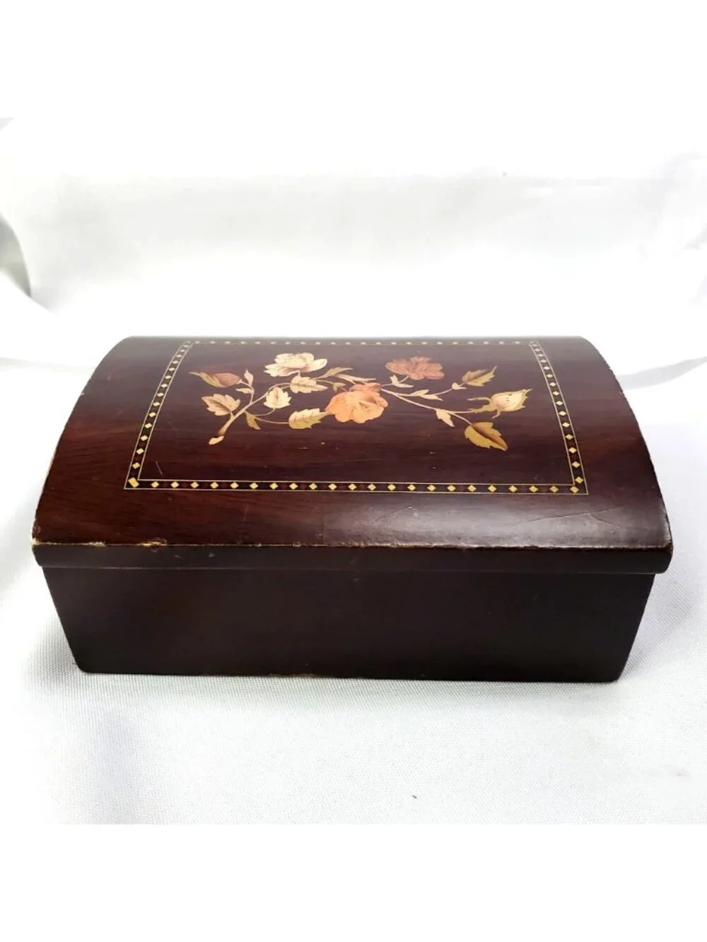 Mahogany Wooden Jewelry Box Floral Marquetry Inly with Mirror 5x3.25 inches